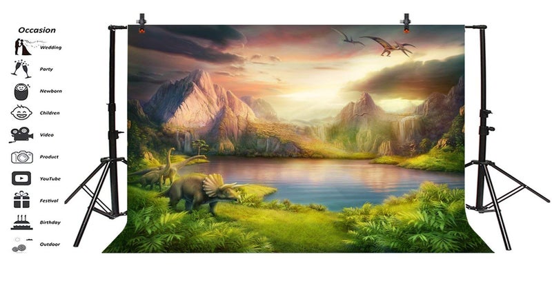 LFEEY Vinyl 7x5ft Dinosaurs Theme Backdrops for Photography Boy Birthday Party Dinosaurs World Mesozoic Forest Mountains Lake Trees Photography Background Kids Baby Shower Portrait Photo Booth Prop - Image 3